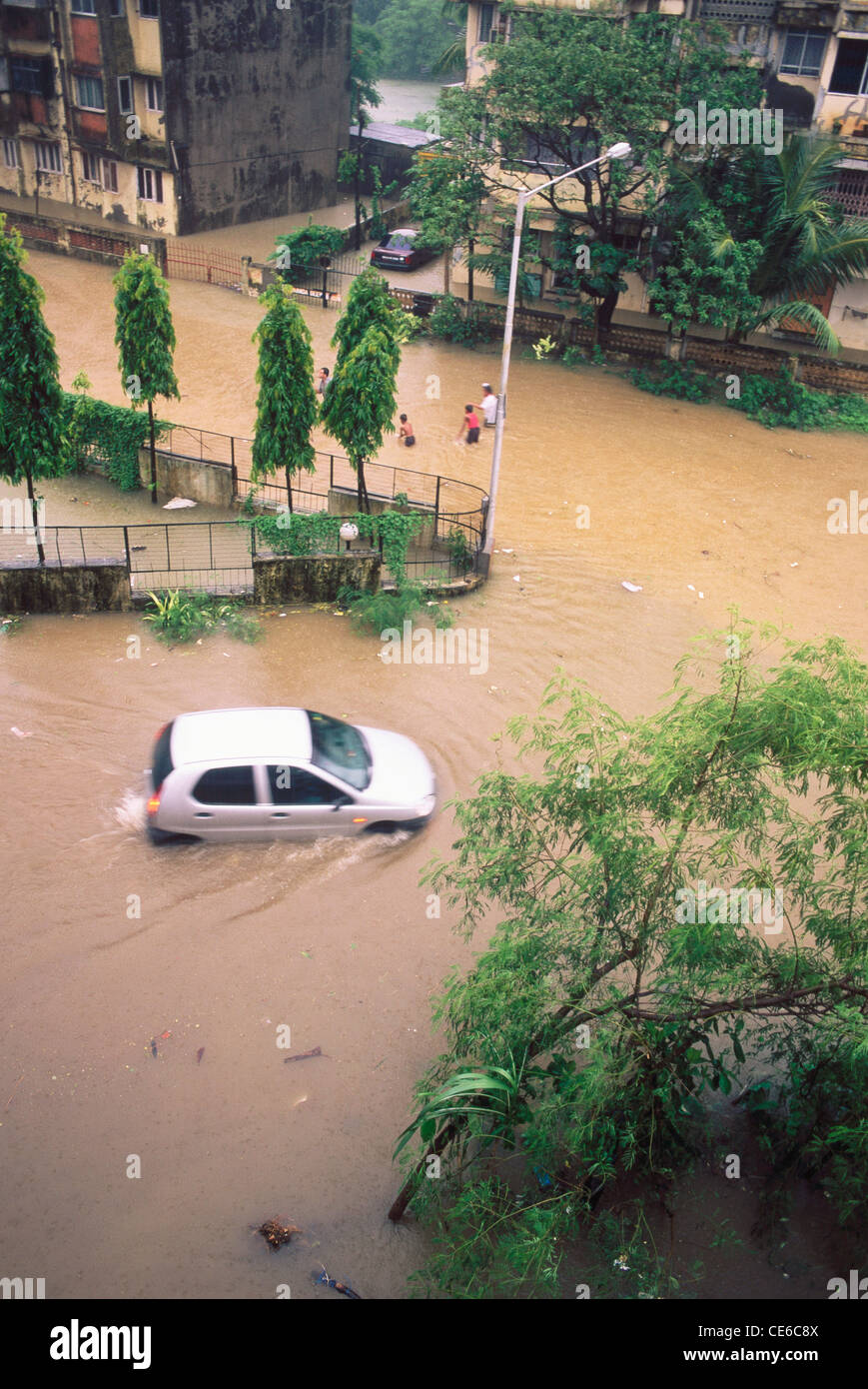 Auto in movimento sulla strada allagata in piogge monsoniche ; ; Juhu Mumbai Bombay ; maharashtra ; india Foto Stock