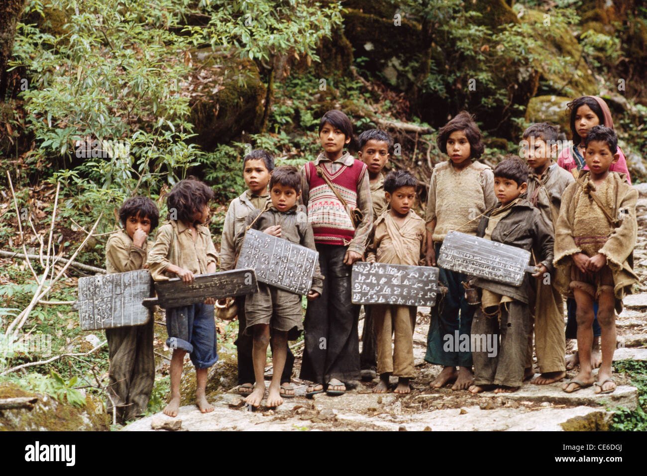 Zone rurali i ragazzi che vanno a scuola sul ghiacciaio Pindari trek uttaranchal india Foto Stock