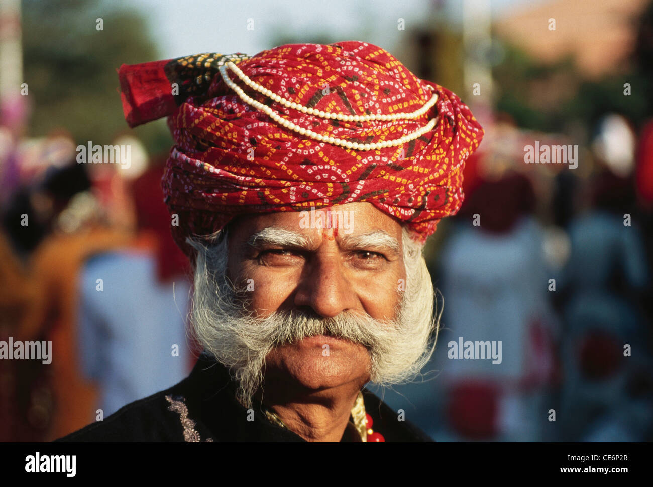 Rajasthani vecchio uomo grande tie and dye turbante grandi baffi bianchi Jaipur India Signor#710 Foto Stock