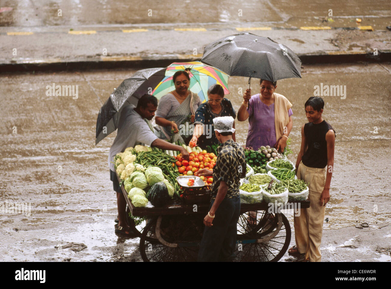 RMM 85260 : il camion di venditore vegetali vendita di cavolo pomodori verdi del monsone di Bombay Mumbai India Maharashtra Foto Stock