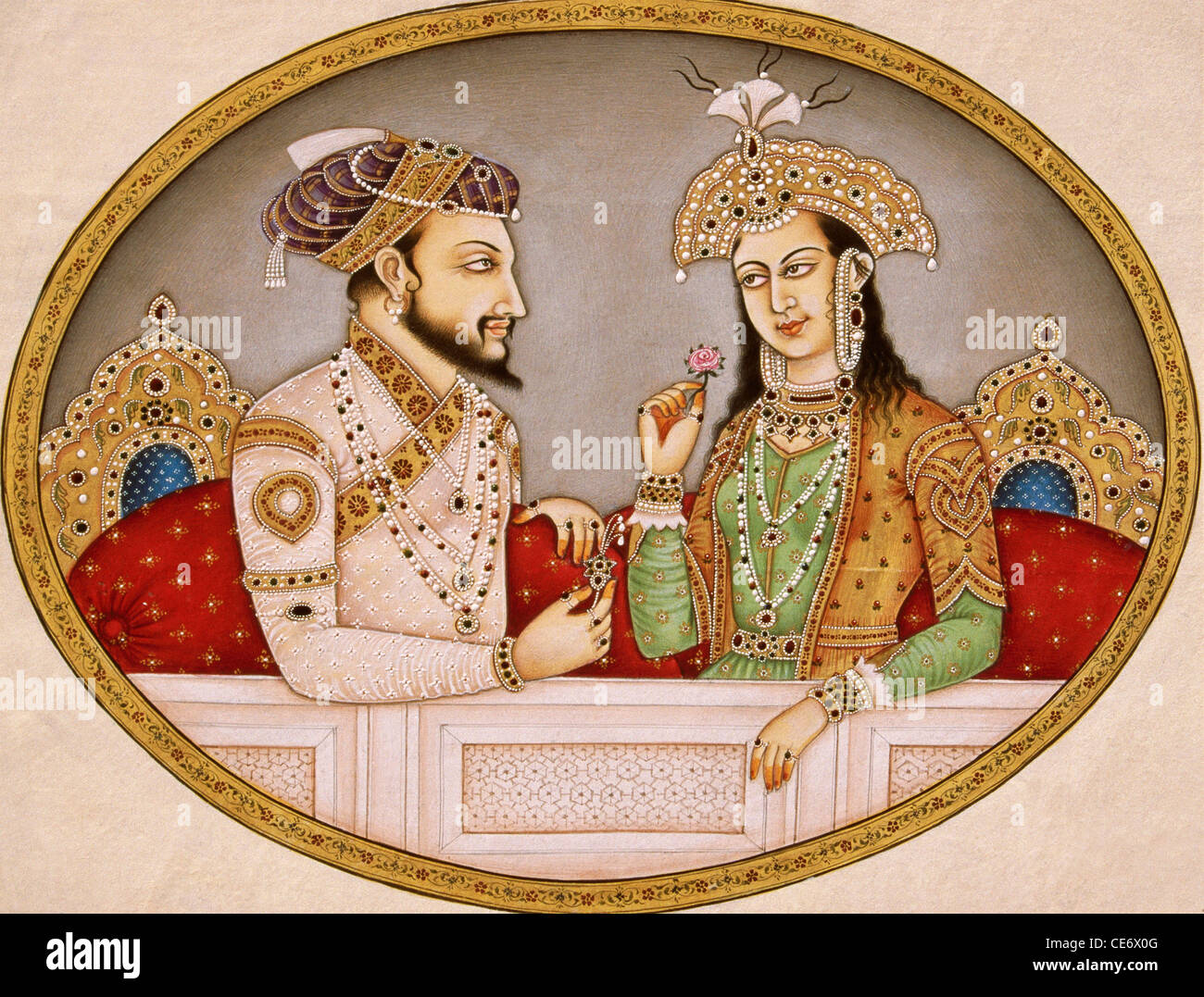 Pittura in miniatura dell'imperatore Moghul Shah Jahan con la regina Mumtaz Mahal India Asia arte indiana dipinti asiatici Foto Stock