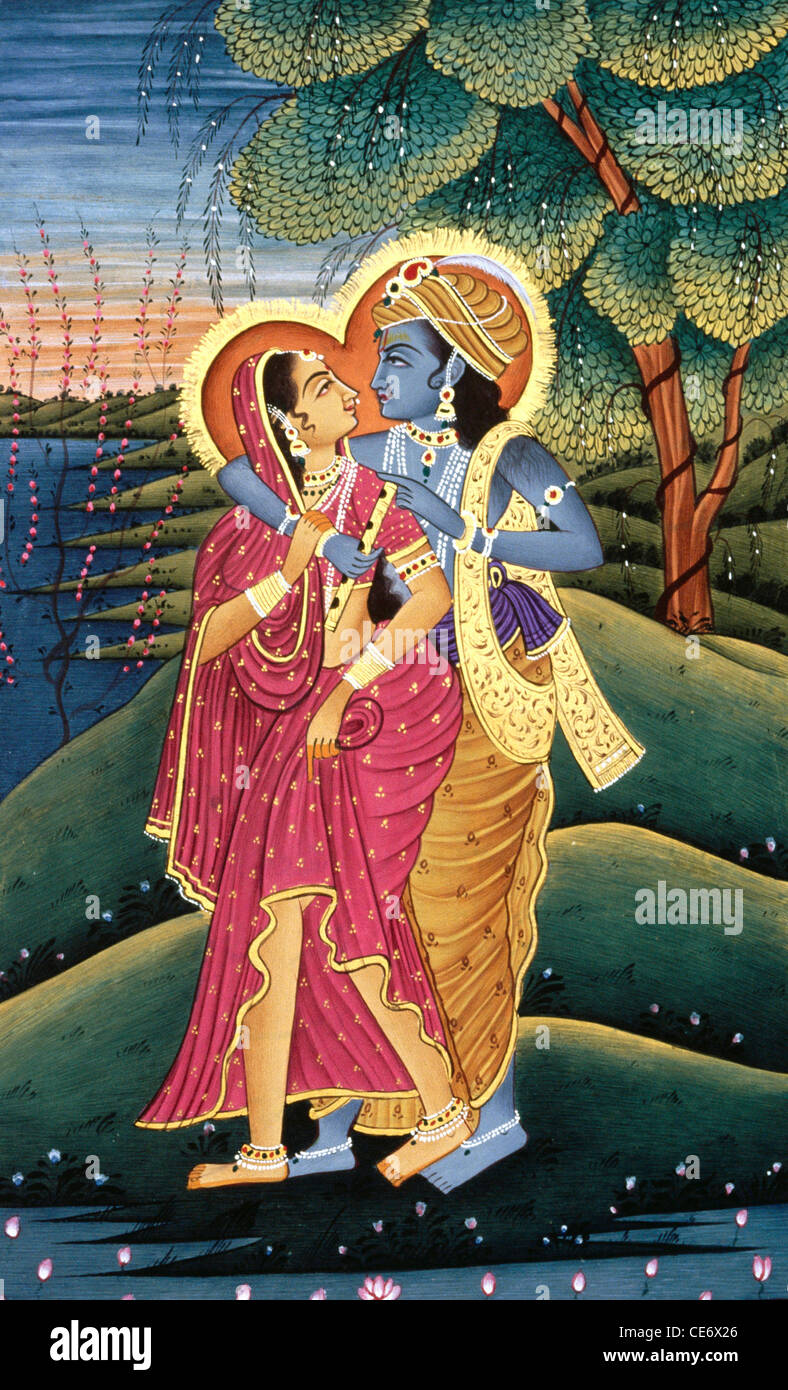 Radha Krishna ; pittura in miniatura ; Lord Krishna che abbraccia il suo più grande devoto Radha ; India ; Asia Foto Stock