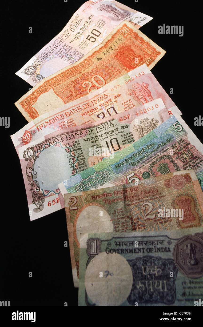 AAD 83909 : indiano il denaro di carta moneta note rupees 1 uno 2 due 5 cinque 10 dieci 20 venti 50 cinquanta india Foto Stock