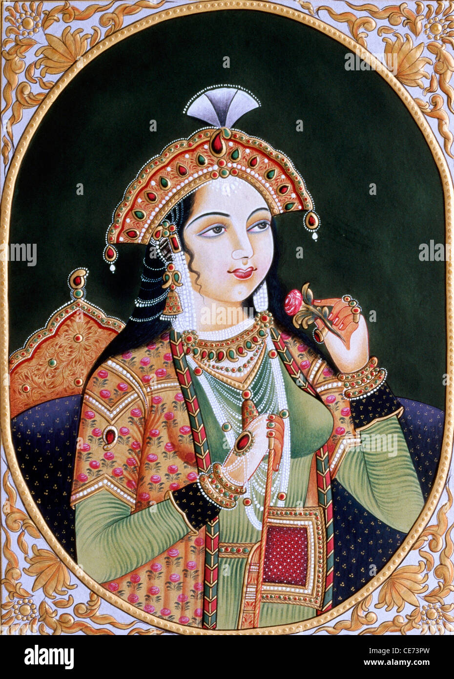 Pittura in miniatura su carta della principessa Mumtaz Mahal moglie dell'imperatore Mughal Shah Jahan Foto Stock