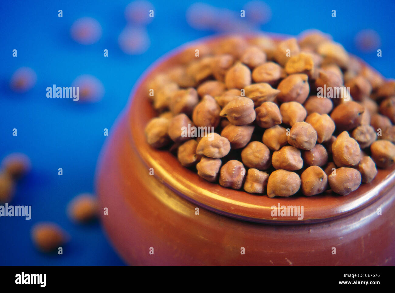Piselli di ceci marroni; Kala Chana o Gram del Bengala; arietinum di cicer in pentola di terra su sfondo blu Foto Stock