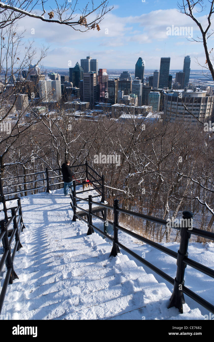 Vista sullo skyline di Montreal in inverno da Mount Royal Park. Foto Stock