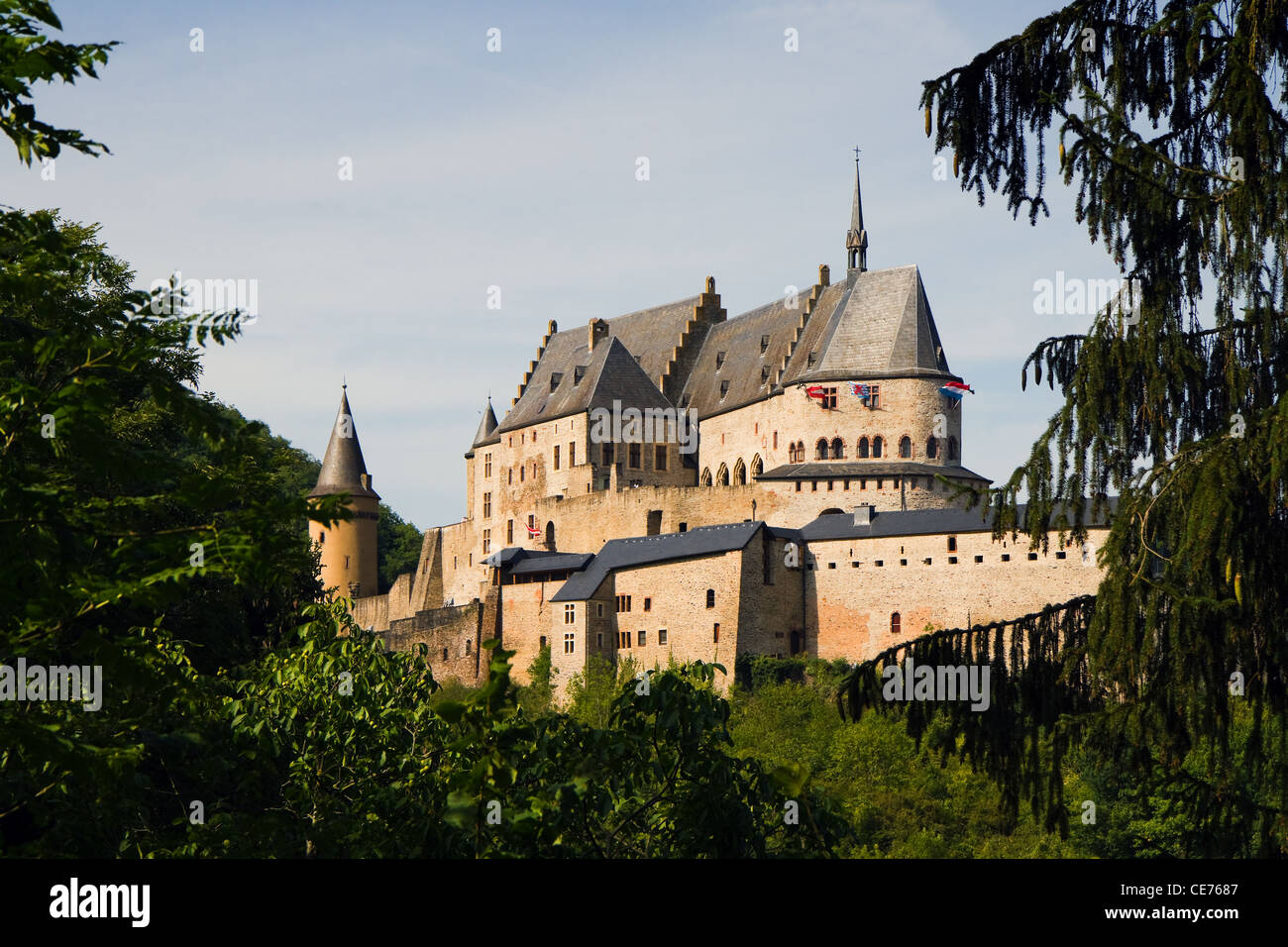 Vianden, castello medievale sulla montagna in Lussemburgo o Letzebuerg, vista attraverso gli alberi - immagine orizzontale Foto Stock