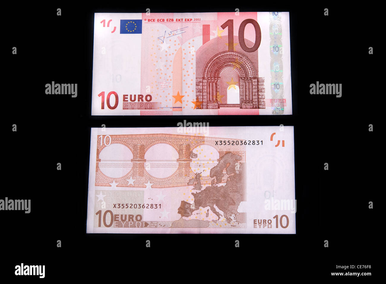 La parte anteriore e posteriore di una decina di banconota in Euro. Foto Stock