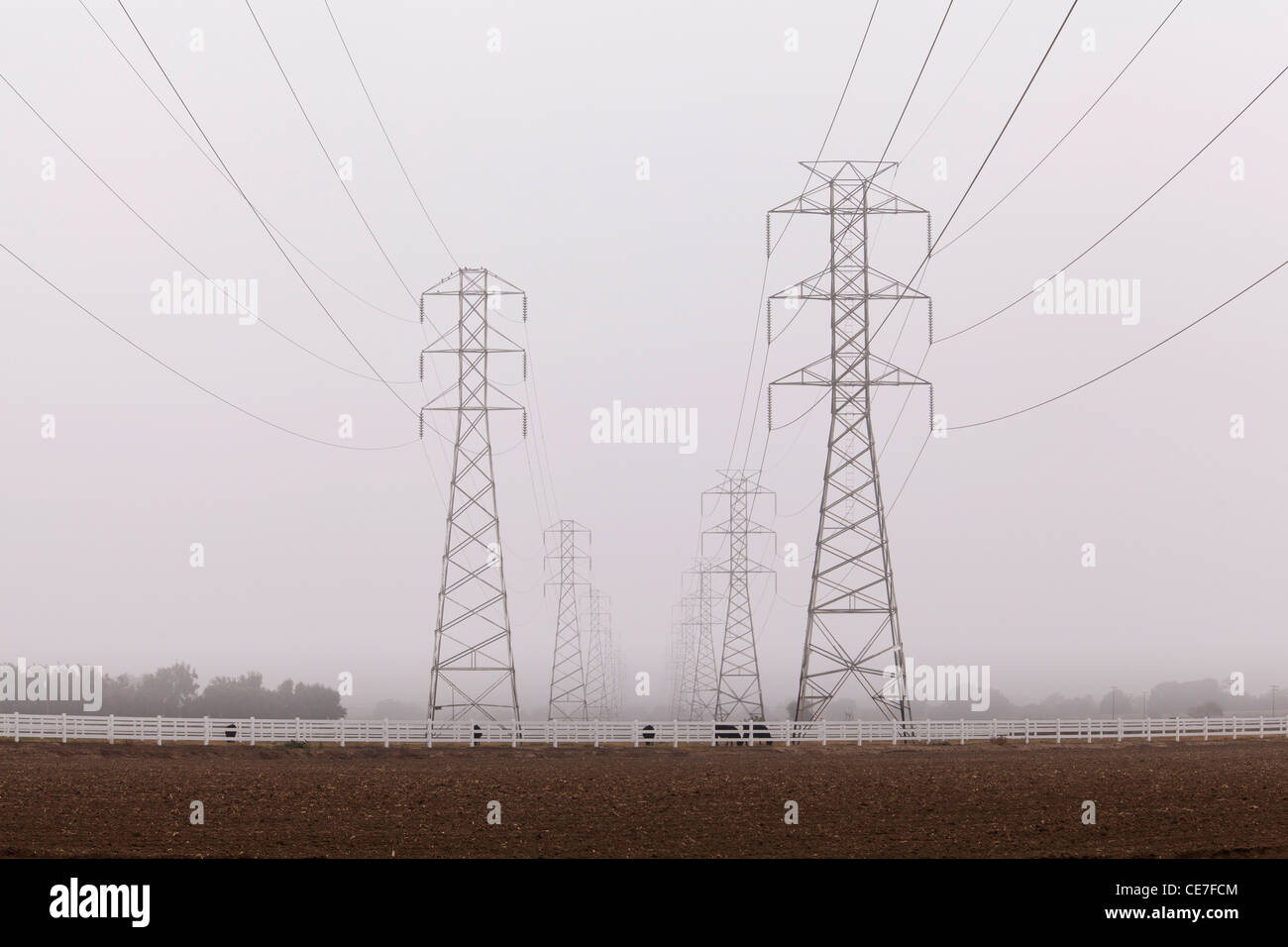 Tralicci di energia elettrica su terreni agricoli - California, Stati Uniti d'America Foto Stock