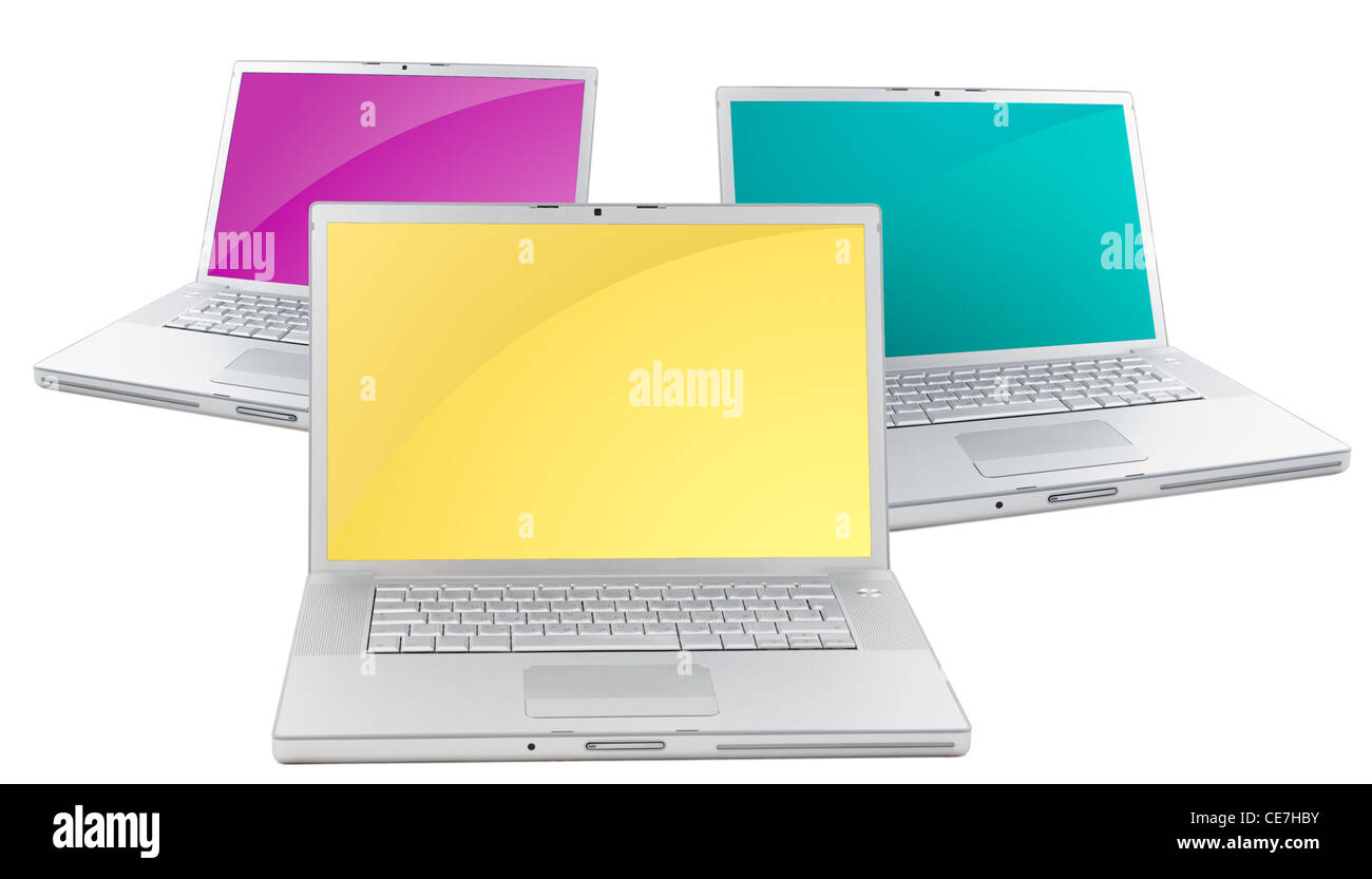 Tre d'argento computer portatili con multi-display colorati. Isolato su bianco. Vista frontale. Foto Stock