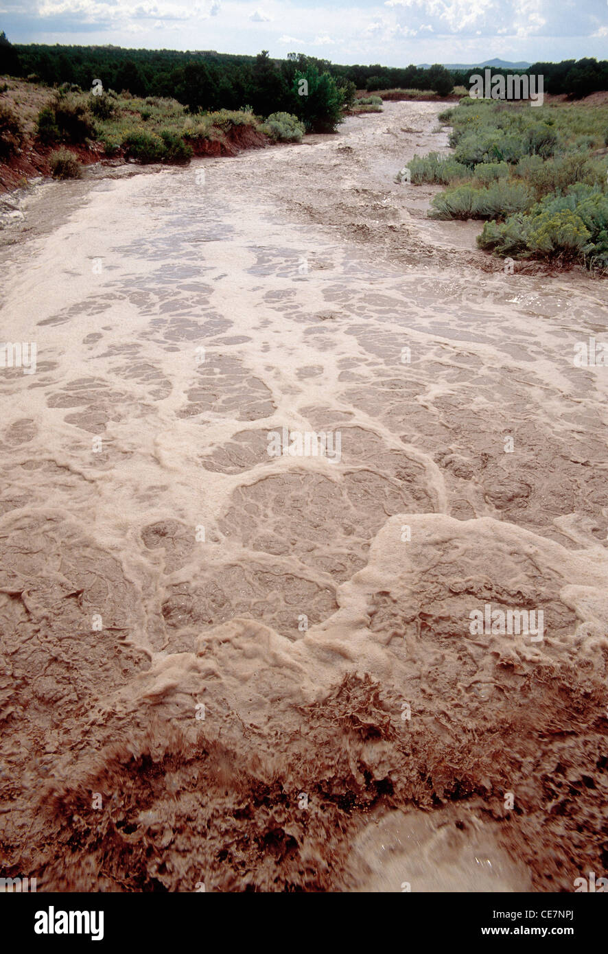 THUNDERSTORM CREA UNA PERICOLOSA ALLUVIONE FLASH IN DRY GULCH APPENA FUORI DAL SANTA FE, NUOVO MESSICO, STATI UNITI Foto Stock
