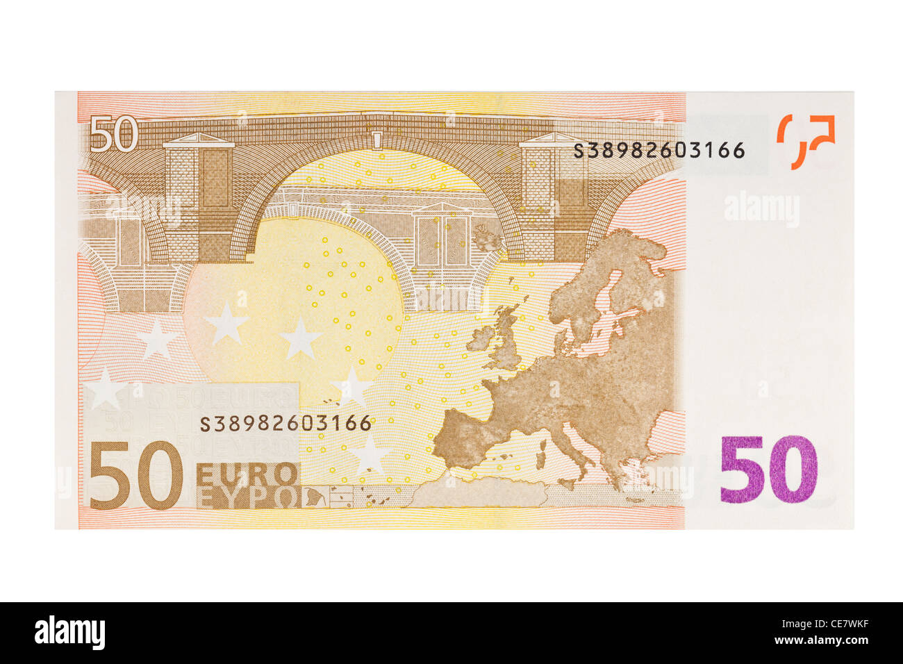 Cinquanta di banconote in euro su sfondo bianco Foto Stock