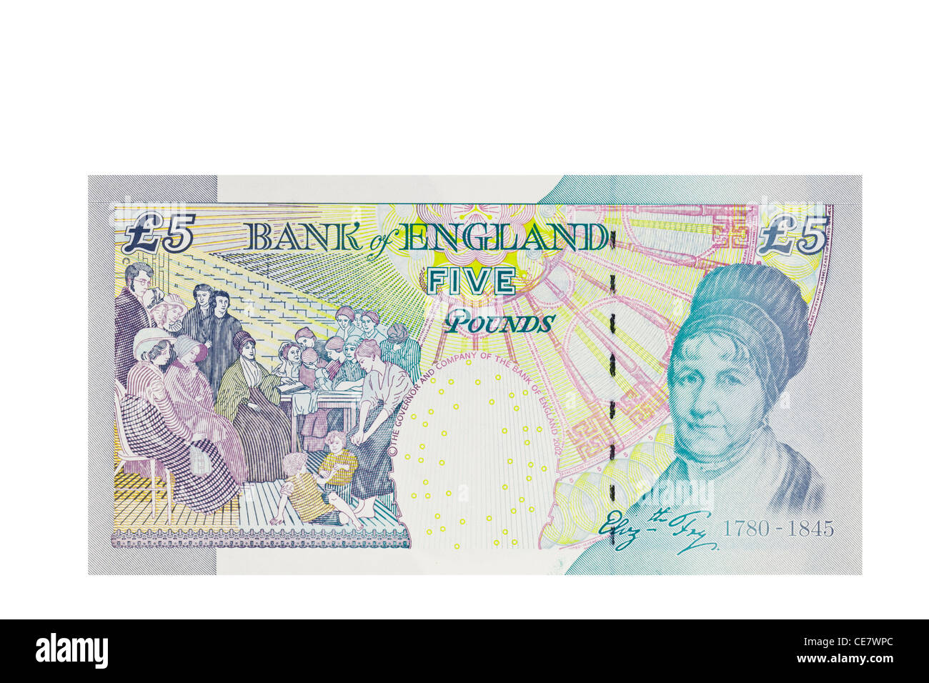 Inglese cinque pound nota su sfondo bianco Foto Stock