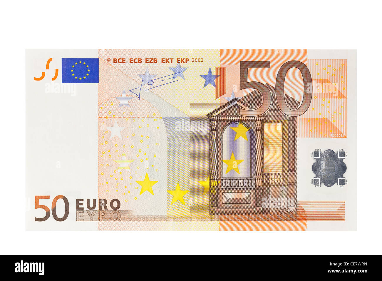Cinquanta di banconote in euro su sfondo bianco Foto Stock