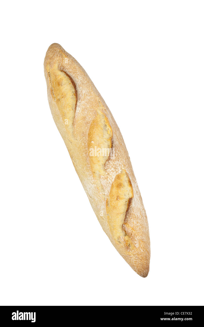 Un francese ficelle ( flat baguette )su sfondo bianco Foto Stock