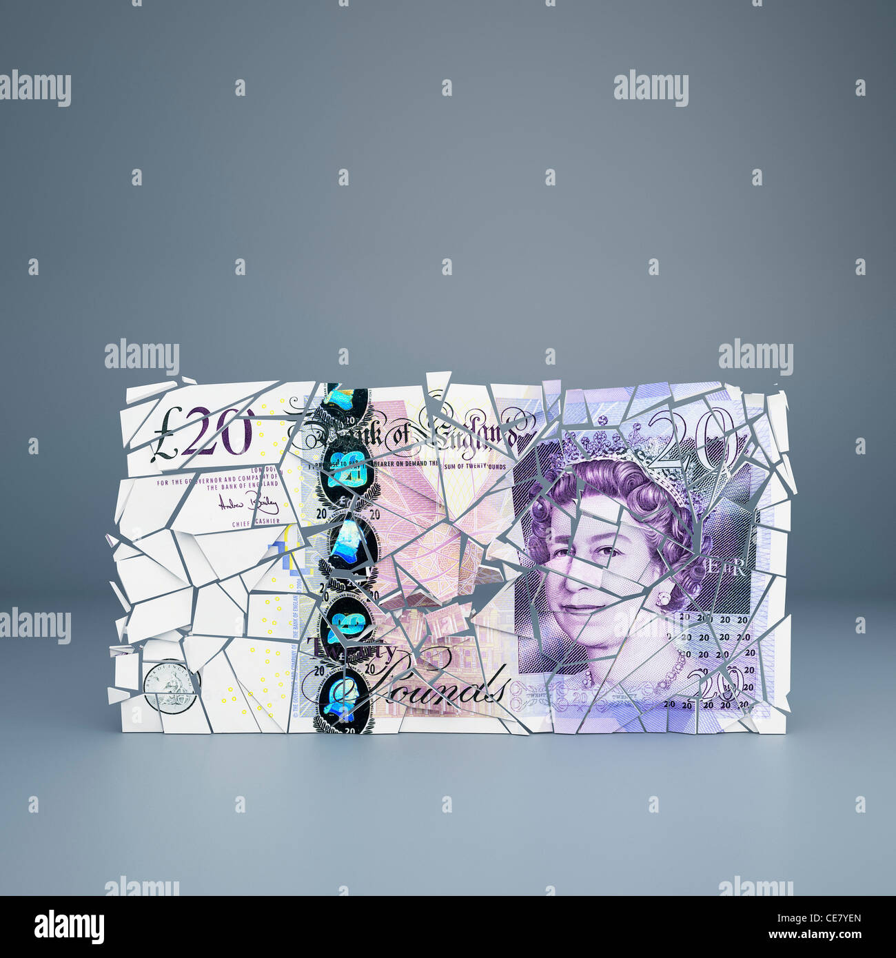 Regno Unito 20 pound nota cracking up - che rappresenta la crisi debitoria, fragilità dell'economia Foto Stock