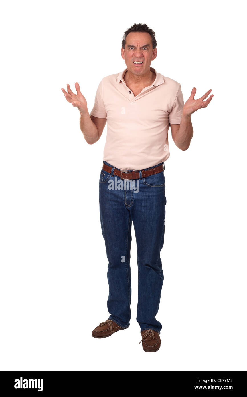 Arrabbiato accigliata Medioevo uomo tenendo in alto le mani in orrore Foto Stock