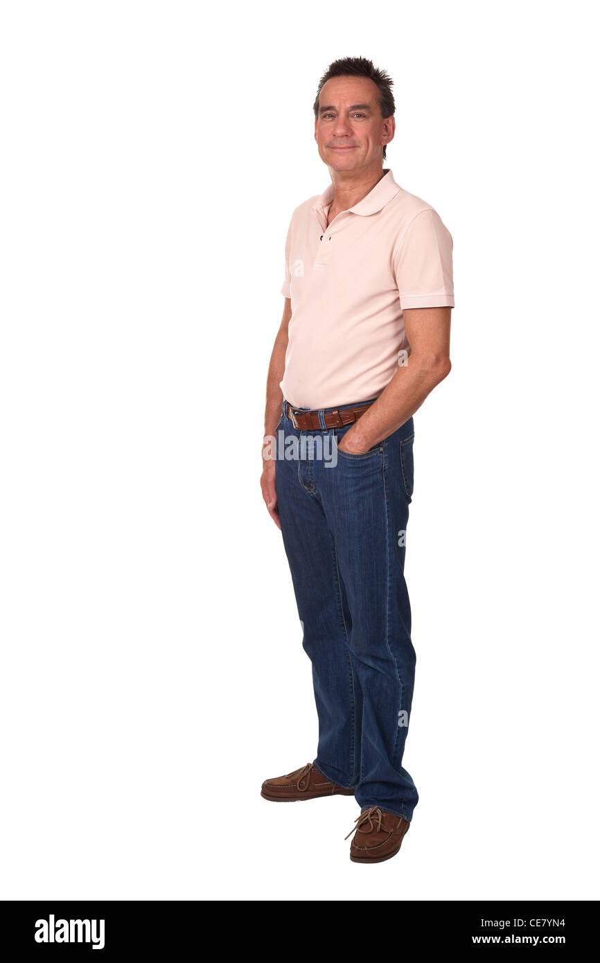 A piena lunghezza Ritratto di attraente sorridente Medioevo uomo in abiti casual Foto Stock