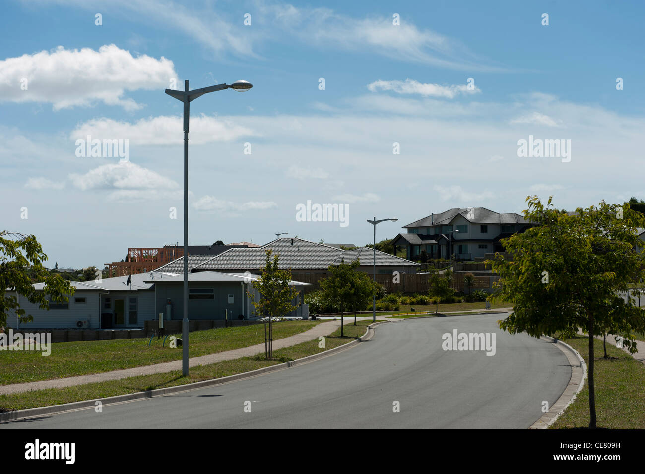 Strada residenziale sulla " Laghi' housing development, Tauranga, Baia di Planty, Nuova Zelanda. Foto Stock
