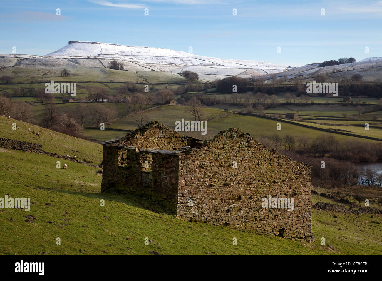 Paesaggio Di Inverno vicino Semerwater o 'Semer acqua" in disuso fienile in pietra vicino Addlebrough, North Yorkshire Dales, Richmondshire, REGNO UNITO Foto Stock