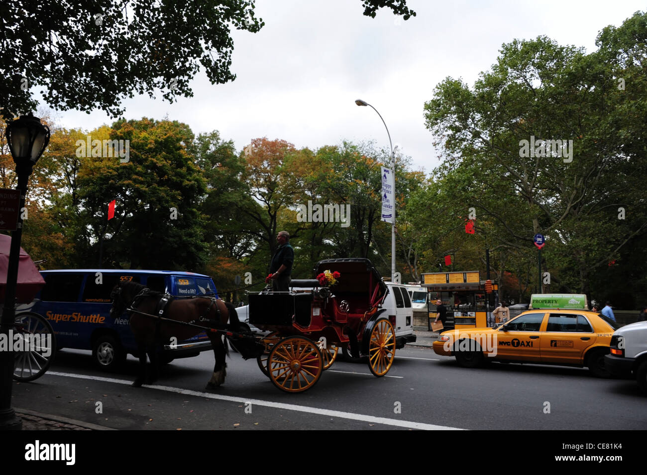 In autunno gli alberi visualizza giallo taxi van blu, nero calesse girando, Grand Army Plaza Central Park South, New York Foto Stock