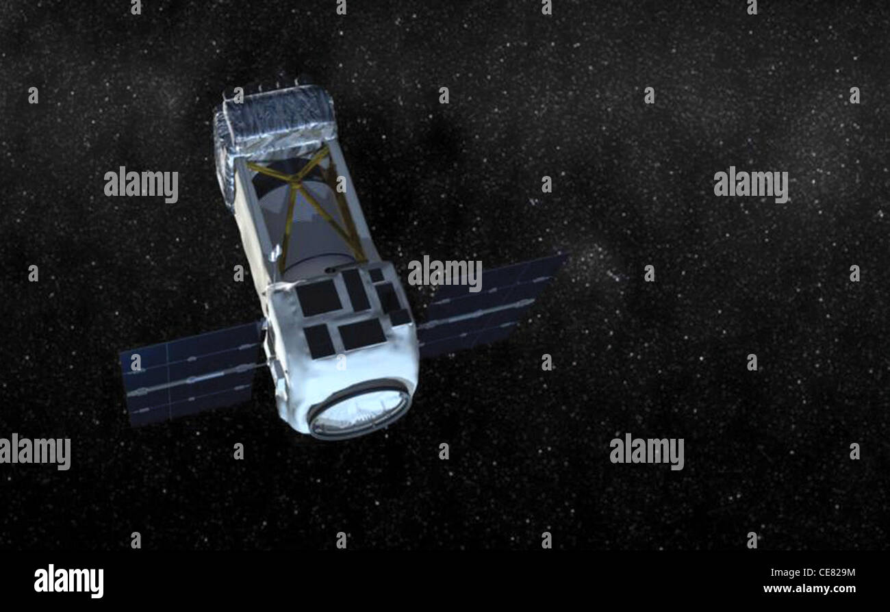 Qui è stata presentata una rappresentazione artistica del satellite Midcourse Space Experiment, lanciato nel 1996 dalla Ballistic Missile Defense Organization. Il 1° Squadron delle operazioni spaziali della base dell'aeronautica di Schriever, Colon., ha fornito il comando e il controllo del satellite dal 4 dicembre 1998 fino alla sua disattivazione il 2 giugno 2008. Il laboratorio di fisica applicata della Johns Hopkins University di Laurel, Md., ha sviluppato, testato, integrato e lanciato MSX, ha gestito l'autobus del satellite e ha fornito consulenti tecnici e sistemisti per prestare la loro esperienza alla missione di MSX. Foto Stock