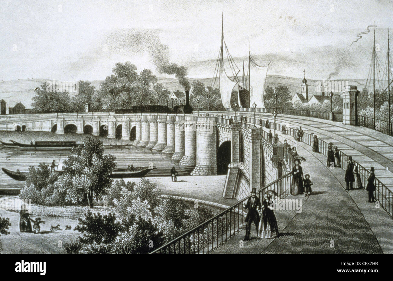 Unificazione della Germania (1815-1871). Il tedesco di unione doganale. 1834. Primo grande ponte ferroviario a Dresda. Incisione in acciaio, 1850. Foto Stock