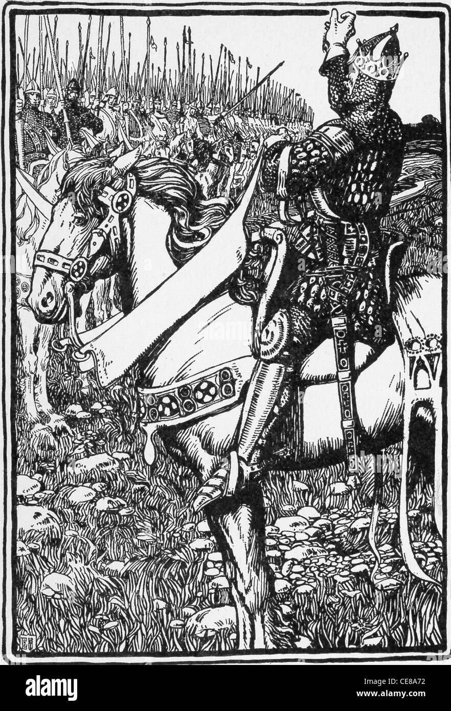 King Arthur è il leggendario sovrano britannico della fine del V e all'inizio del VI secolo. Qui, Arthur affronta le sue truppe. Foto Stock