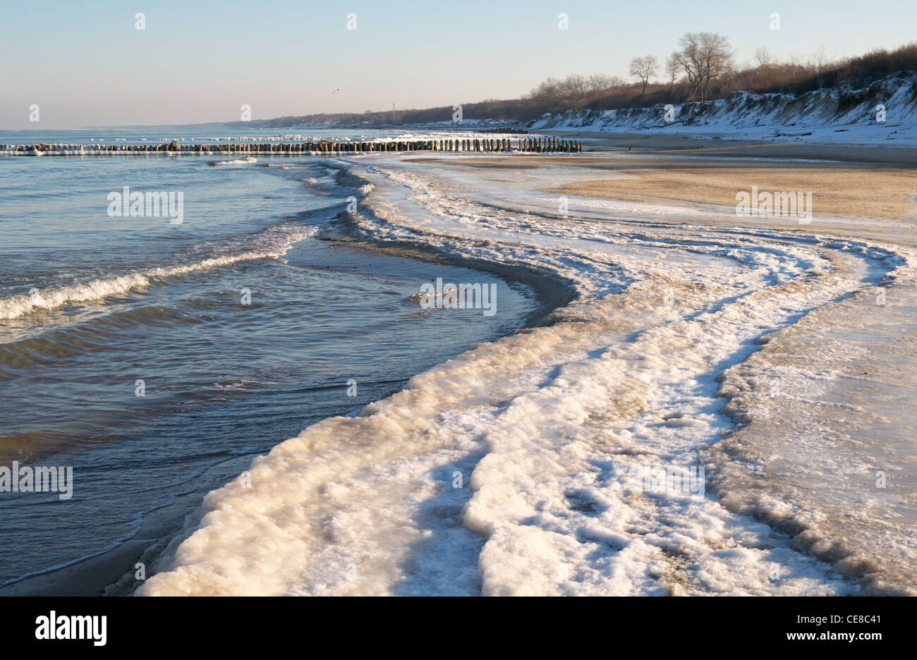 Icy riva del Mar Baltico in Zelenogradsk(Kranz). La Russia Foto Stock