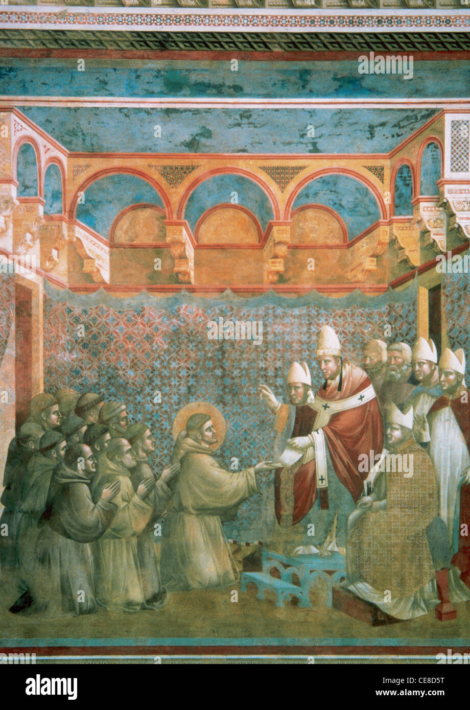 Giotto di Bondone (1266/7-1337). Il papa Innocenzo III approva la Regola monastica di San Francesco di Assisi (1296). Assisi. L'Italia. Foto Stock