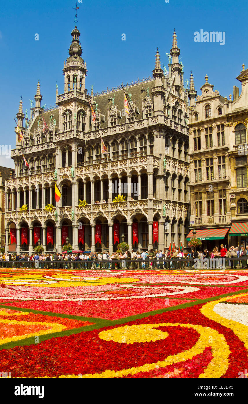 Grand' Place di Bruxelles che mostra il Museo e il tappeto di fiori tema art deco Bruxelles Belgio UE Europa Foto Stock