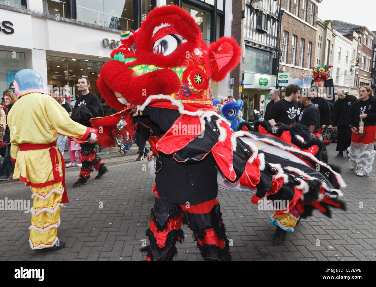Nuovo Anno Cinese del drago parade nella strada della citta'. Chester, Cheshire, Inghilterra, Regno Unito. Foto Stock