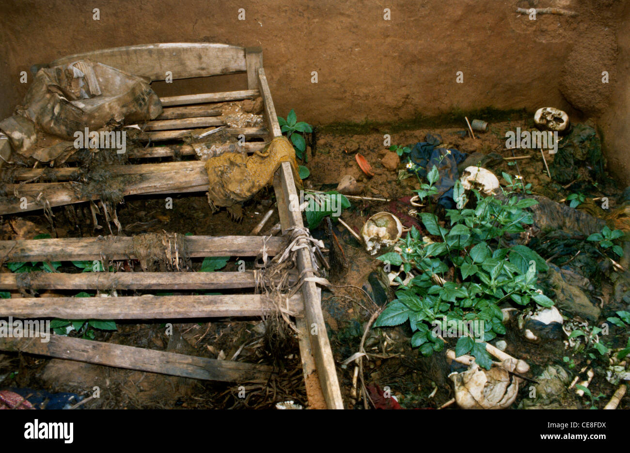 Le ossa delle vittime di un massacro a sinistra in una casa in Ruanda Foto Stock