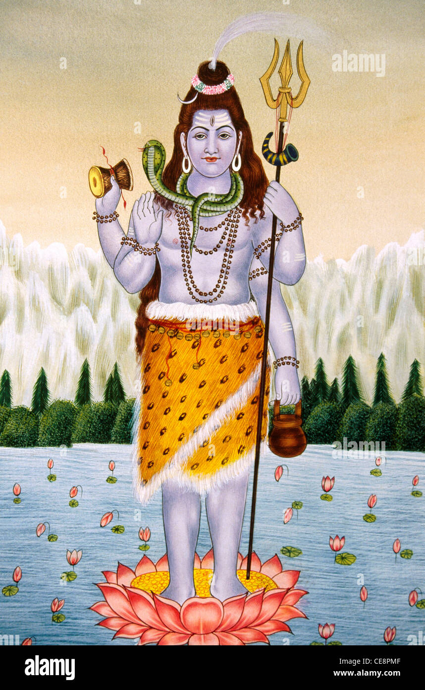 BDR80468 : Signore Shiva in piedi sul fiore di loto dipinto in miniatura su carta Foto Stock