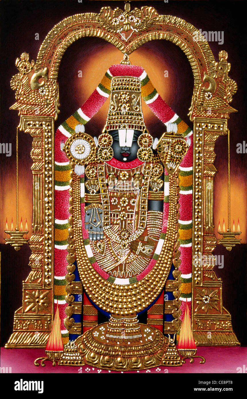 Lord Tirupati Balaji Venkateswara Govindha Tirupati Timmappa Tirumala Venkateswara Tempio in miniatura Pittura con oro goffrante India Dio indiano Foto Stock