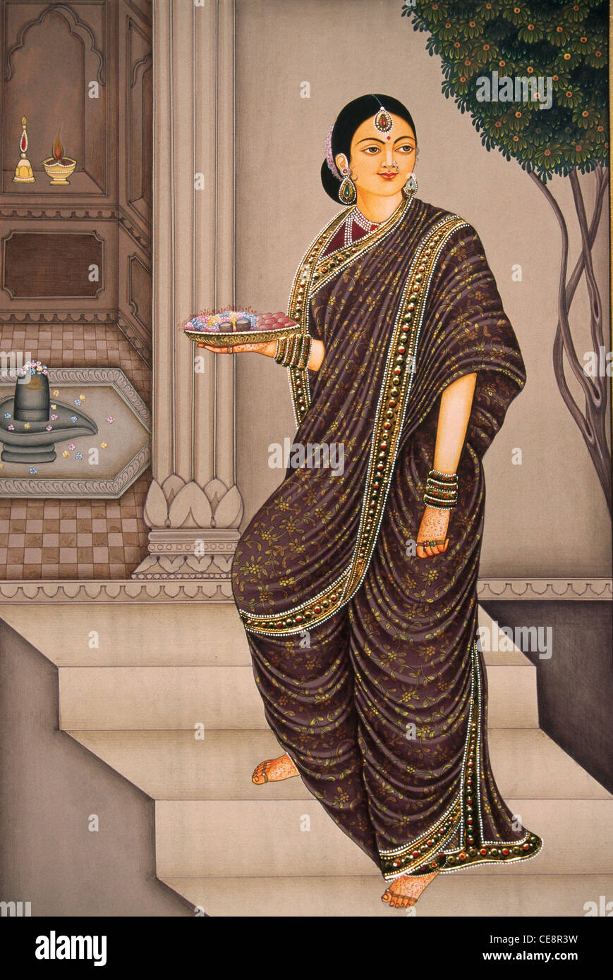 Maratto lady andando al tempio di Shiva la pittura in miniatura su carta Foto Stock