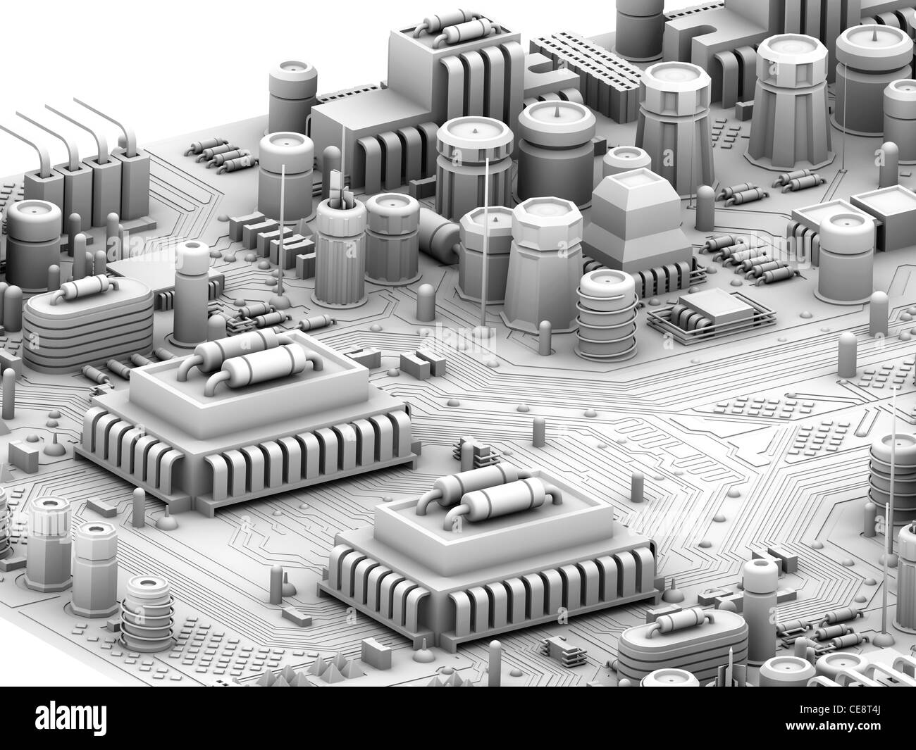 Scheda di circuito. Computer grafica raffigurante city scape fatta di circuiti elettronici. Foto Stock