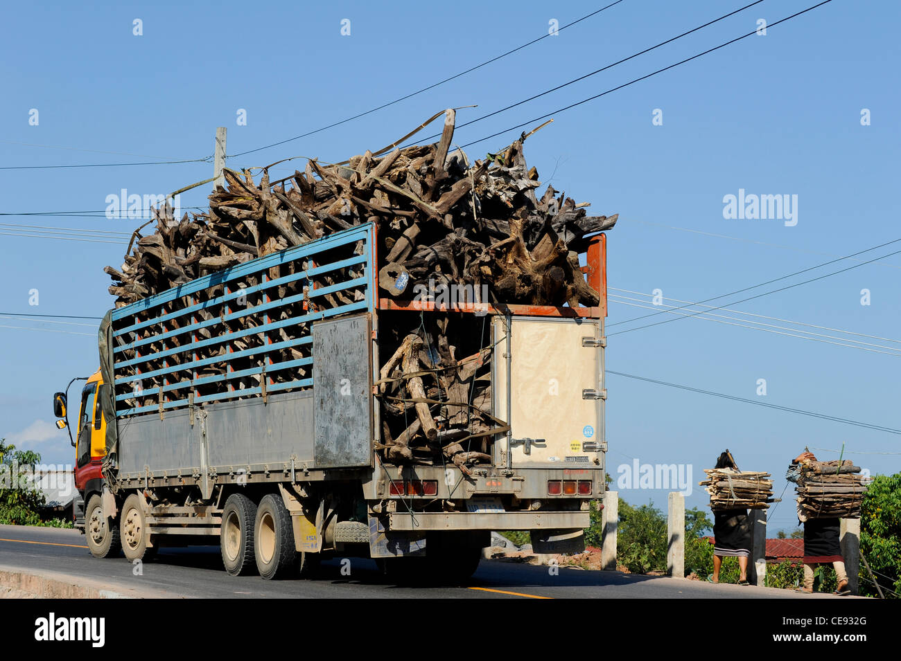 Asia LAOS provincia Oudomxay , villaggio Houyta presso la strada per la Cina, i carrelli di trasporto di legno alberi tropicali per la Cina Foto Stock