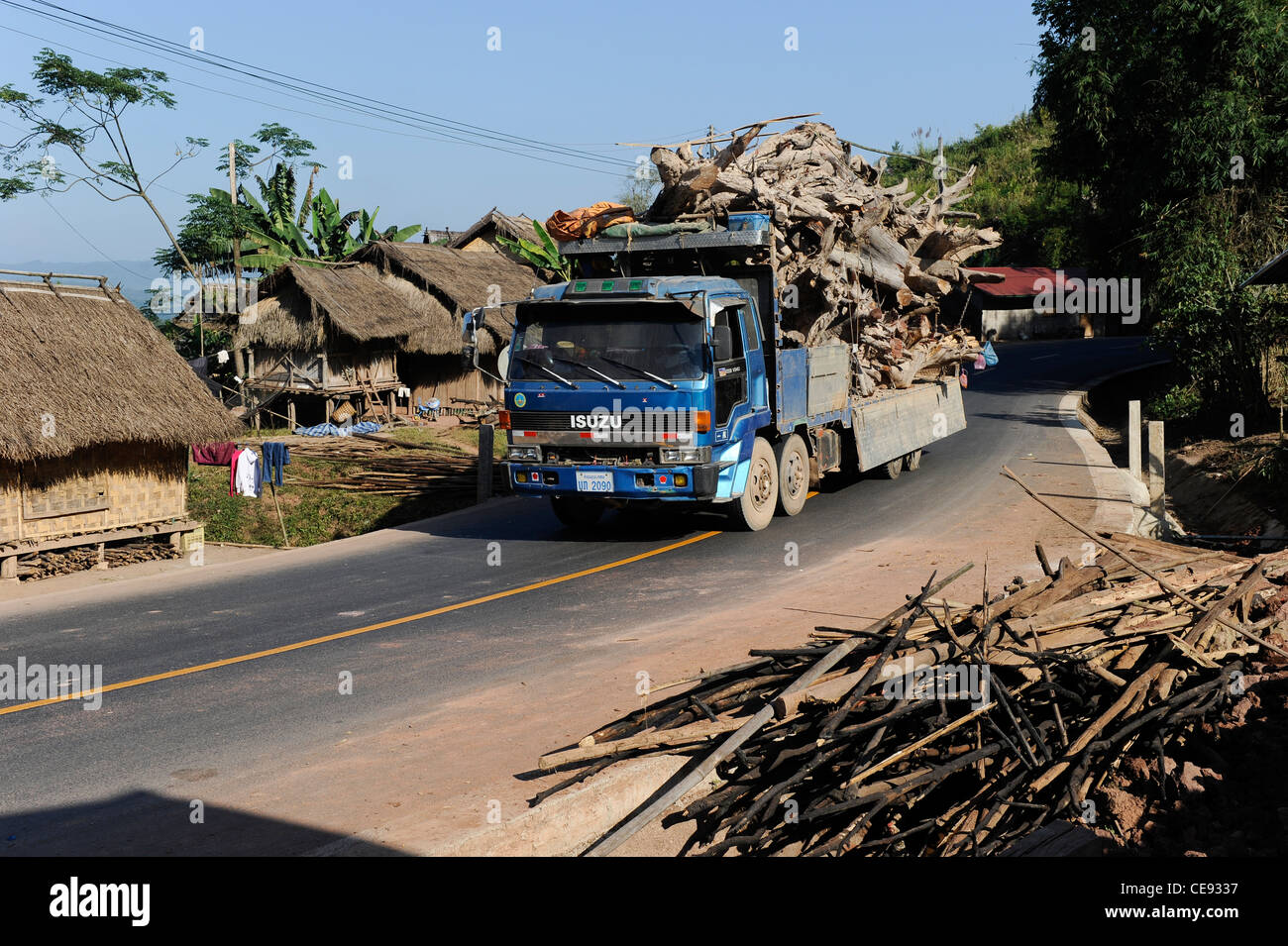 Asia LAOS provincia Oudomxay , villaggio Houyta presso la strada per la Cina, i carrelli di trasporto di legno alberi tropicali per la Cina Foto Stock