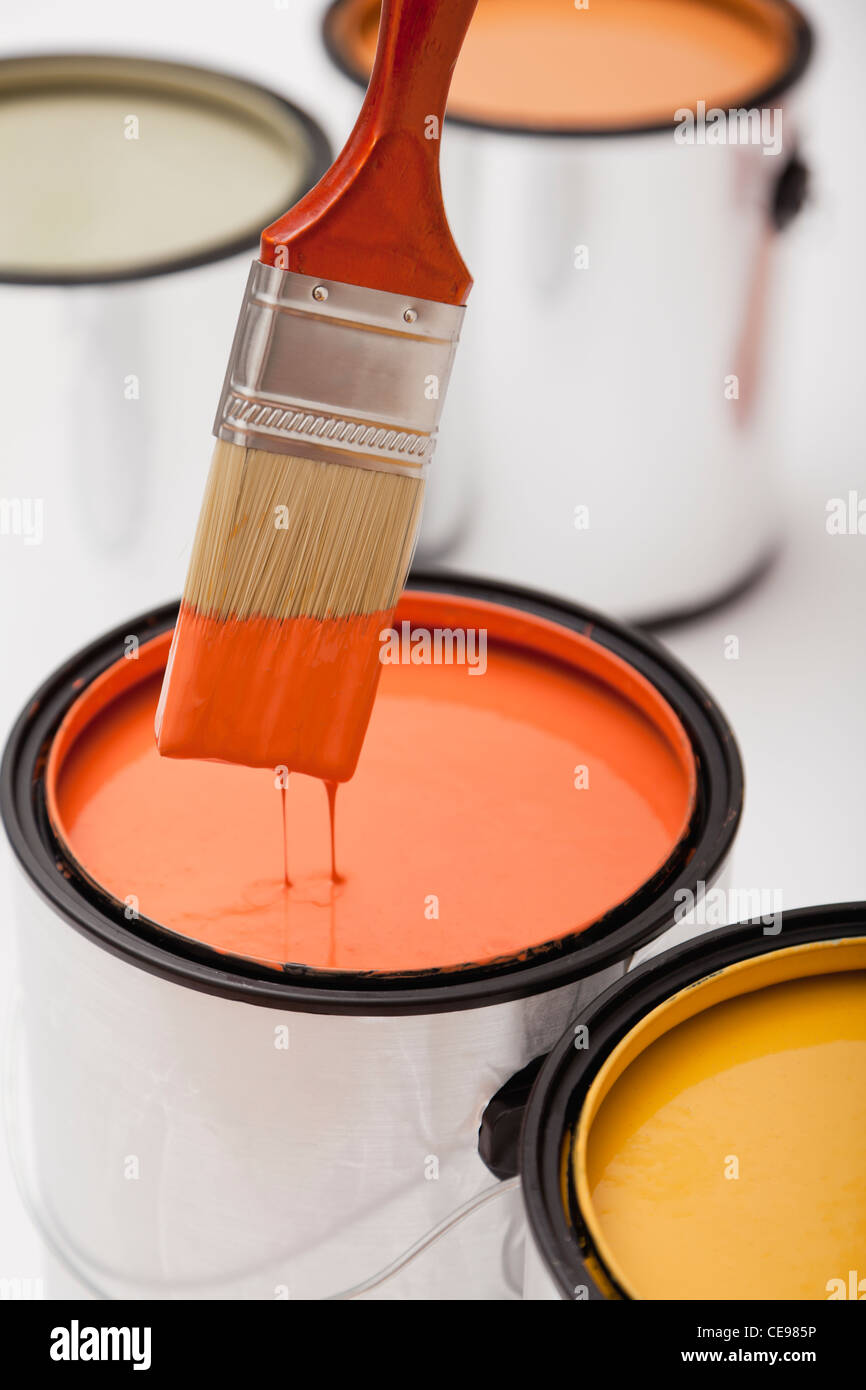 Studio colpo di spazzola di vernice e lattine di vernice Foto Stock