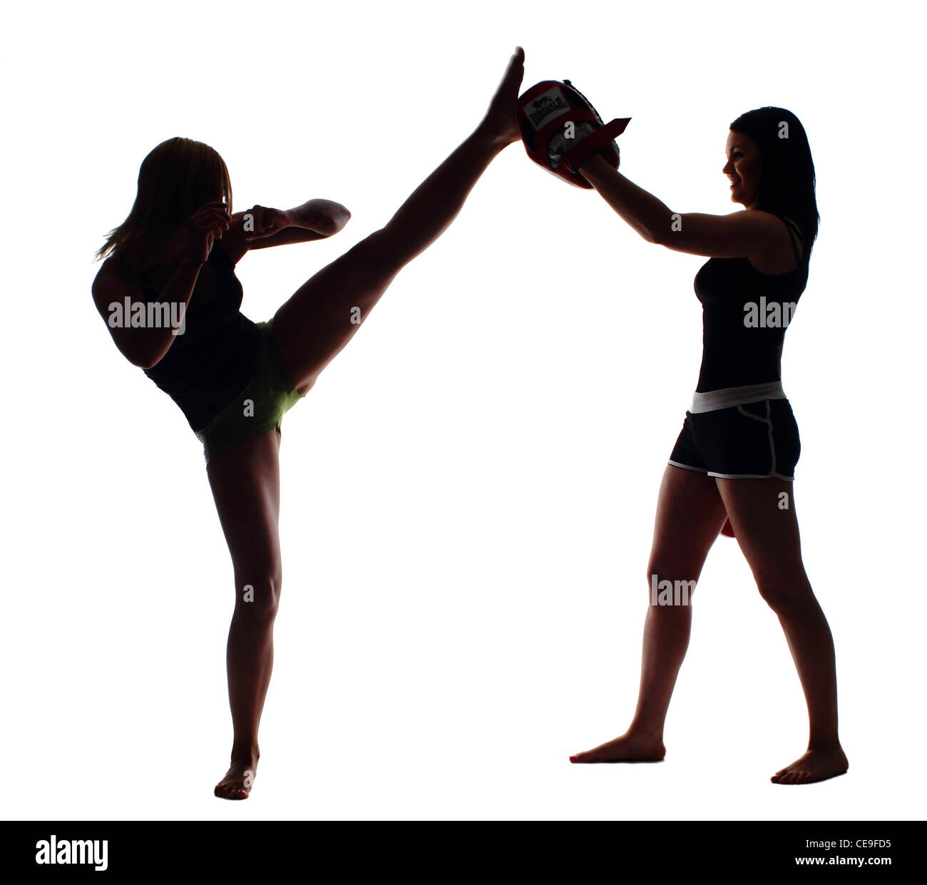 Sport; kick box; girl; donna; lady; sullo sfondo bianco; corpo; due ragazze, calcio Foto Stock