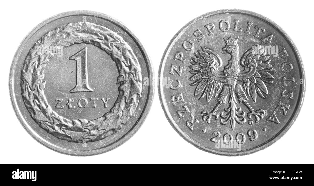 Zloty polacco monete metalliche isolate su sfondo bianco Foto Stock