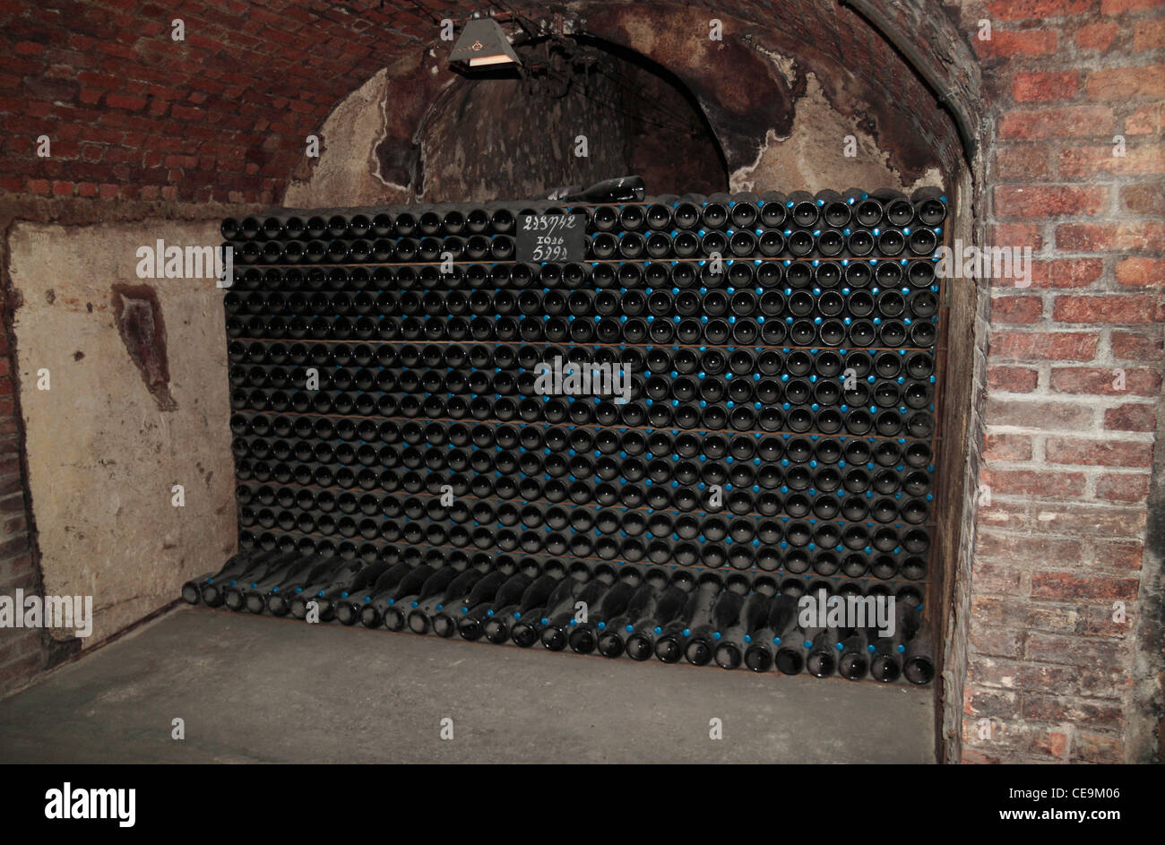 Un (segretamente) numerati lotto di bottiglie di champagne che giungevano a scadenza il Moet et Chandon cantine di Champagne, Epernay, Francia. Foto Stock