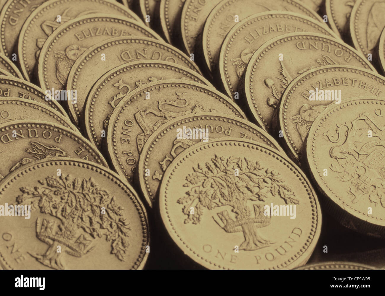 Righe della sterlina britannica monete, London, England, Regno Unito Foto Stock