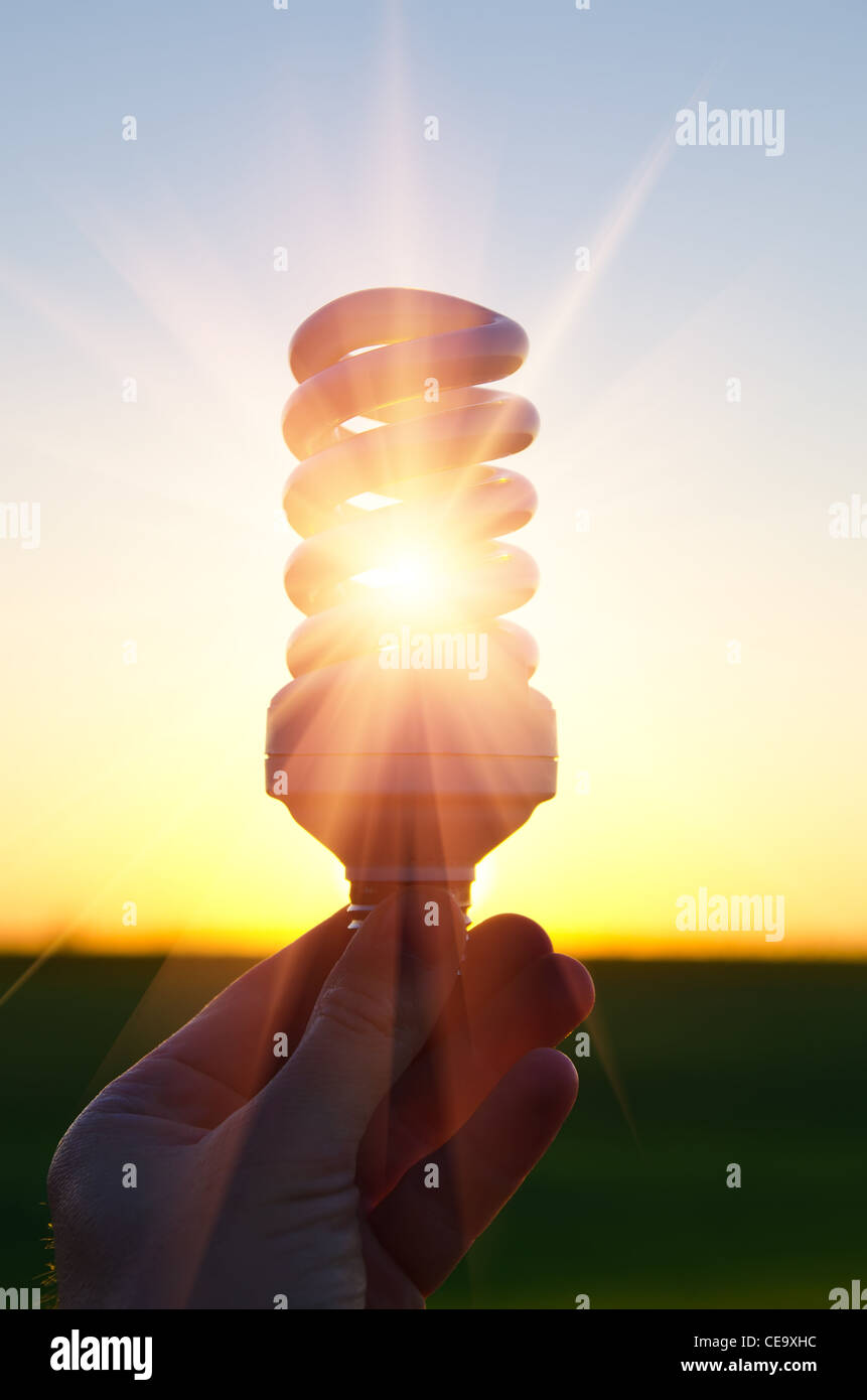 Lampada a risparmio energetico in sunbeam oltre il tramonto Foto Stock