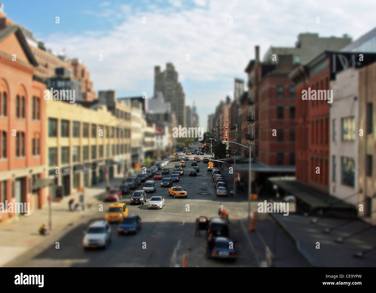 Street a New York con tilt shift effetto lente Foto Stock