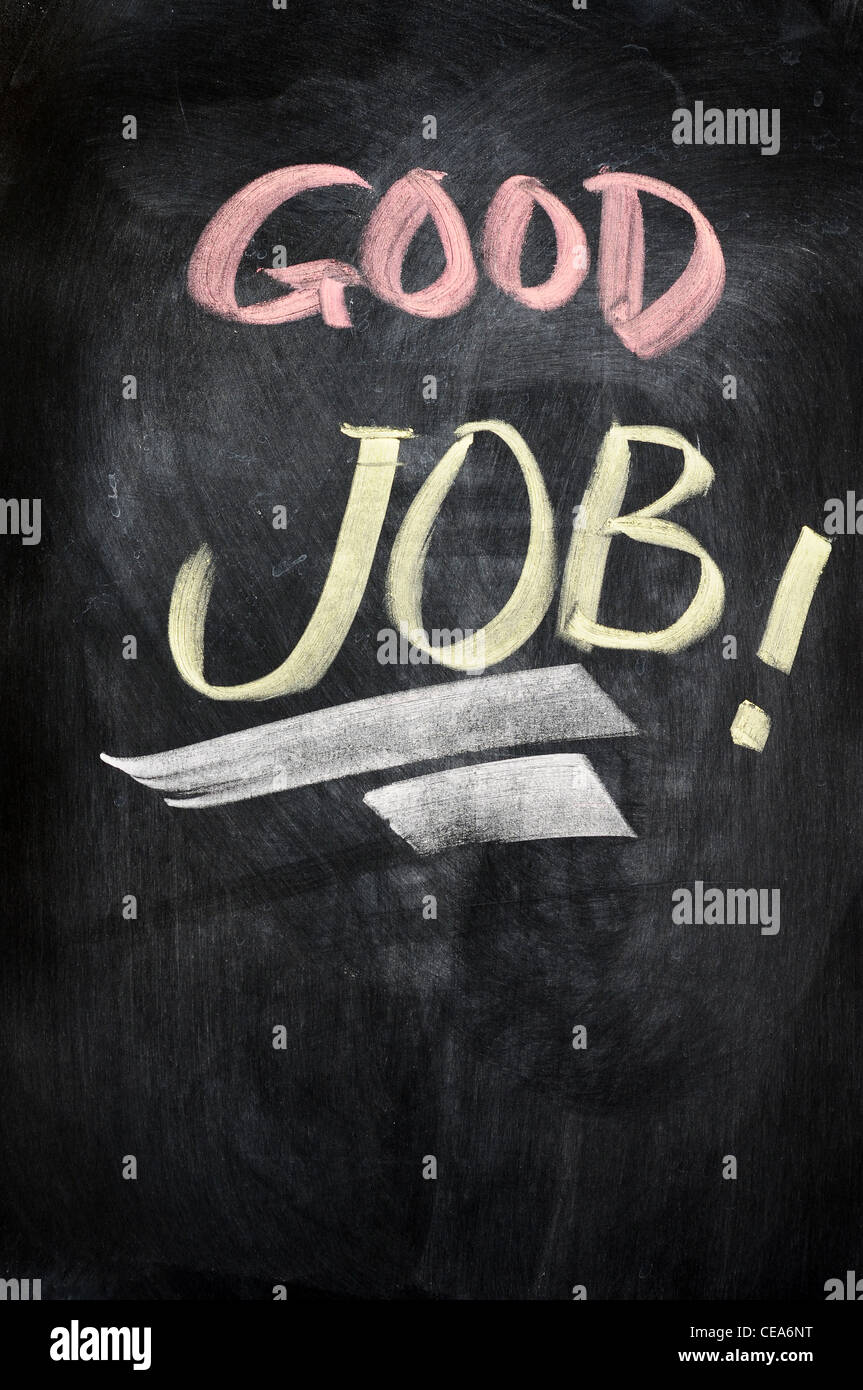 Buon lavoro white segno aziendale lavoro giovane adulto nota buon lavoro ammirazione di successo sullo sfondo della scheda di comunicazione il concetto di carriera Foto Stock