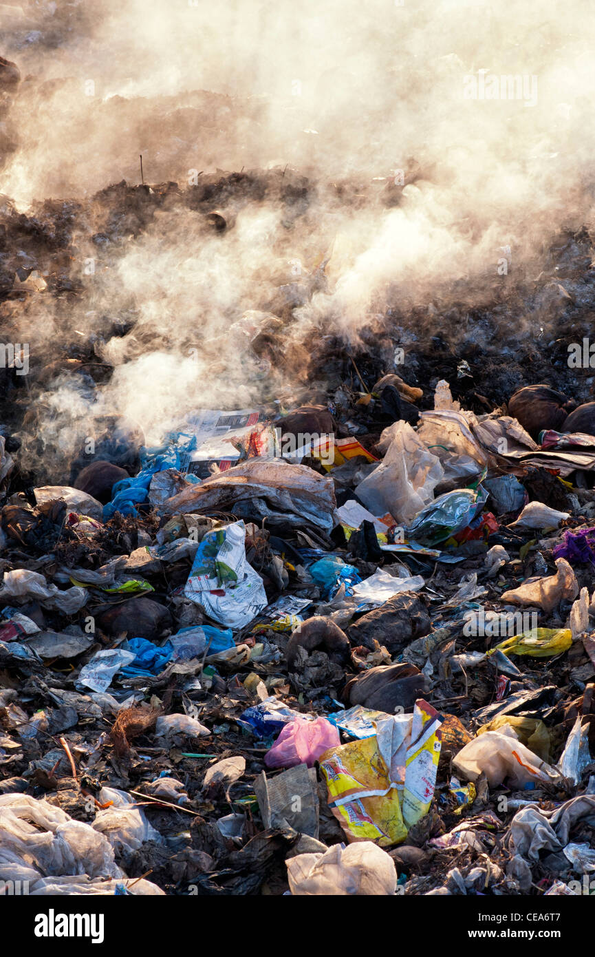 Rifiuti domestici vengono bruciate sul ciglio della strada in India Foto Stock