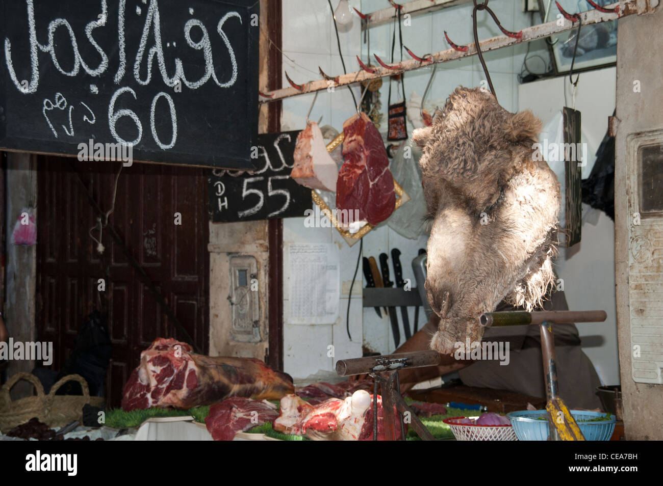 La carne di cammello per vendita pubblicizzato con un cammello in testa la Medina di Fez, Marocco Foto Stock