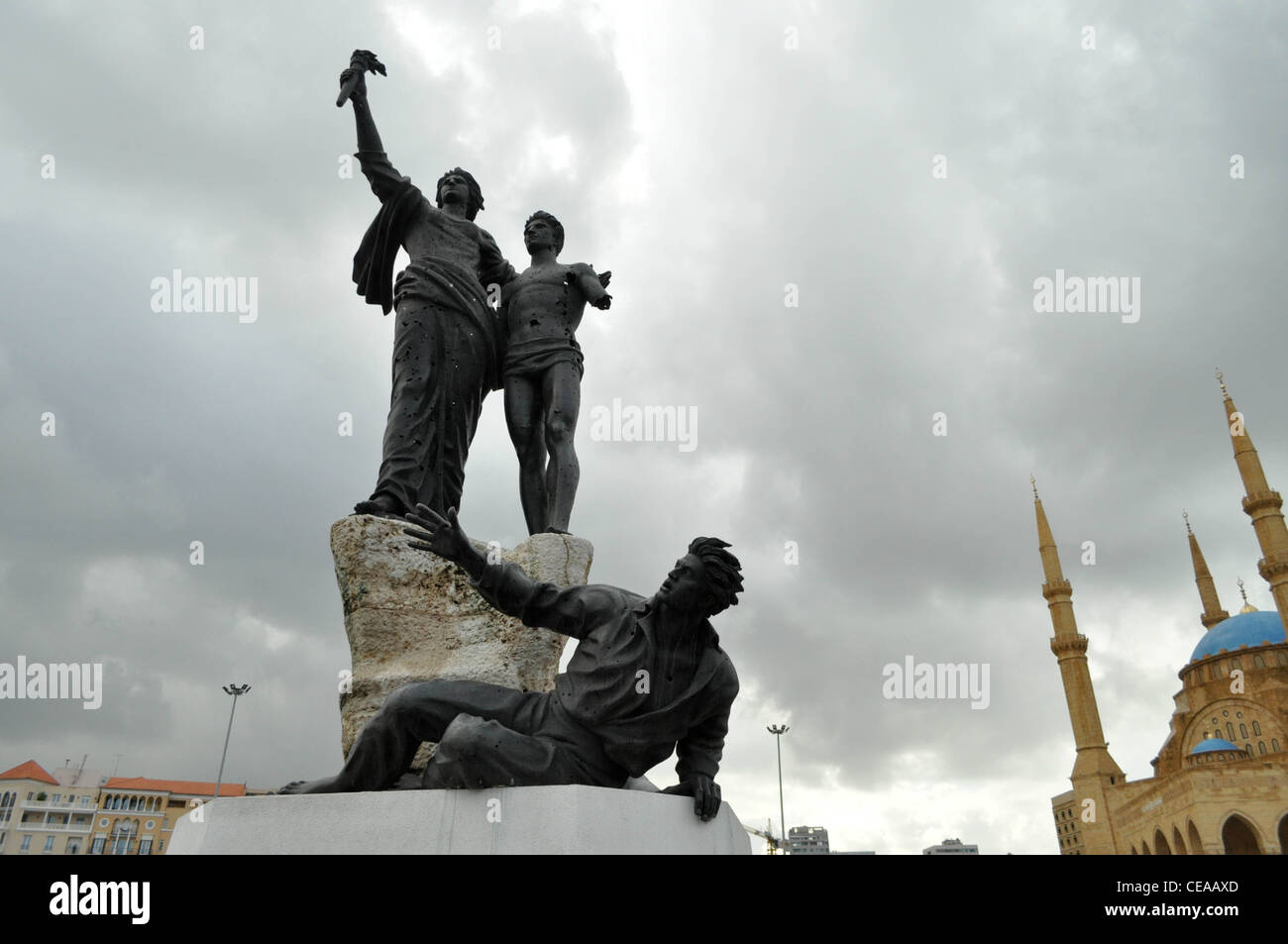 La Piazza dei Martiri, Beirut, fori di proiettile nella statua, Libano Foto Stock
